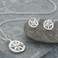 Silver Compass Jewellery Set With Stud Earrings