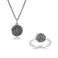 Silver Rennie Mackintosh Inspired Marcasite 45cm Locket Necklace & Ring Set