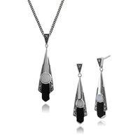 Silver Art Deco Black Onyx, Opal & Marcasite Drop Earring & 45cm Necklace Set