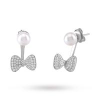 Silver Pearl Cubic Zirconia Bow Front And Back Earrings