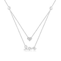 Silver Cubic Zirconia Heart Love 2 Layer Necklace