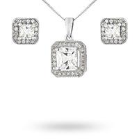 Silver Cubic Zirconia Square Halo Pendant And Stud Set