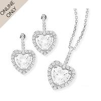 Silver Cubic Zirconia Heart Halo Earrings And Pendant Set
