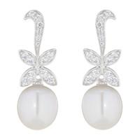 Silver cubic zirconia & freshwater cultured pearl flower drop earrings