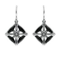 Silver And Whitby Jet 4 Stone Square Cross Drop Earrings