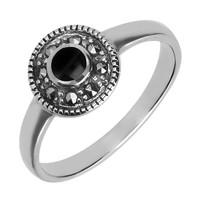 Silver And Whitby Jet Marcasite Beaded Edge Ring