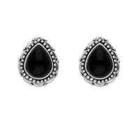 Silver And Whitby Jet Pear Beaded Lace Edge Stud Earrings