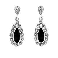 Silver Whitby Jet And Marcasite Pear Center Round Bead Earrings