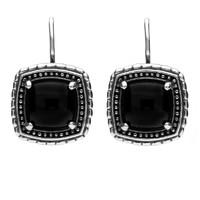 Silver And Whitby Jet Oxidised Square Pattern Hook Drop Earrings