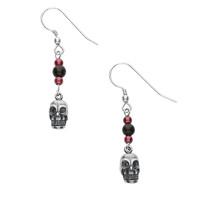 Silver Whitby Jet And Garnet Mini Skull 3 Stone Drop Earrings