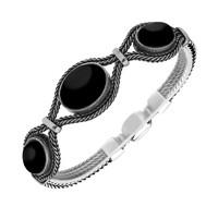Silver and Whitby Jet Foxtail Three Stone Oval Bracelet