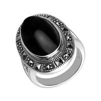 Silver And Whitby Jet Marcasite Frame Large Oval Ring