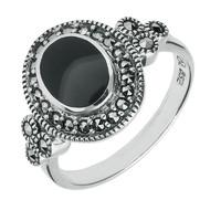 Silver And Whitby Jet Marcasite Oval Beaded Edge Ring