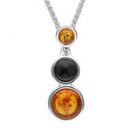 Silver Whitby Jet And Amber Three Stone Necklace