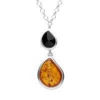 Silver Whitby Jet And Amber Two Stone Pear Drop Necklace