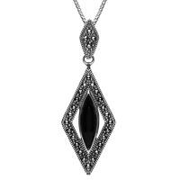 Silver Whitby Jet And Marcasite Marquise Centered Triangle Necklace