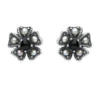 Silver Whitby Jet And Pearl 5 Petal Stud Earrings