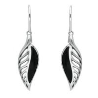 Silver And Whitby Jet Leaf Hook Drop Earrings
