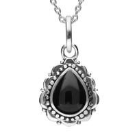 Silver And Whitby Jet Beaded Edge Pear Shape Necklace