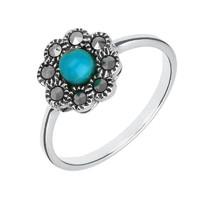 Silver Turquoise Marcasite Round Beaded Edge Ring
