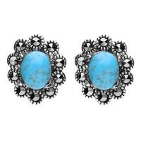 Silver Turquoise And Marcasite Oval Beaded Edge Stud Earrings