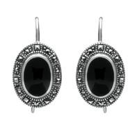 Silver Whitby Jet And Marcasite Oval Drop Earrings