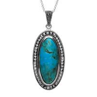 Silver Turquoise And Marcasite Long Oval Pyramid Bead Edge Necklace