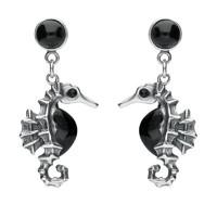 Silver And Whitby Jet Seahorse Drop Earrings