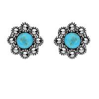 Silver Turquoise And Marcasite Round Edge Bead Stud Earrings