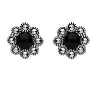 Silver Whitby Jet And Marcasite Round Edge Bead Stud Earrings