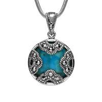 Silver Turquoise Marcasite Four Arc Round Pendant Necklace
