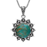 Silver Turquoise And Marcasite Round Beaded Point Edge Necklace