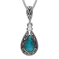 Silver Turquoise And Marcasite Small Beaded Edged Teardrop Necklace