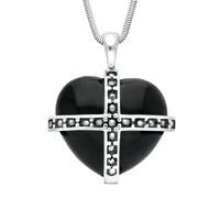 Silver Whitby Jet And Marcasite Large Cross Heart Necklace