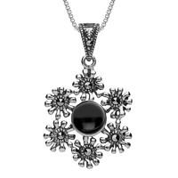 silver whitby jet and marcasite 6 petal cut flower necklace