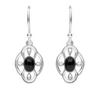 silver and whitby jet open petal edge flower hook earrings