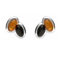 Silver Whitby Jet And Amber 2 Stone Stud Earrings.
