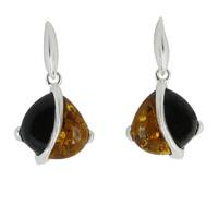Silver Whitby Jet and Amber Double Stone Pear Drop Earrings