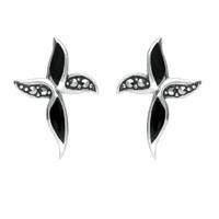 Silver Whitby Jet And Marcasite Wavy Cross Stud Earrings