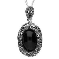 Silver Whitby Jet Marcasite Twisted Spiral Edge Pendant Necklace