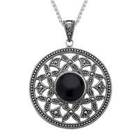 Silver Whitby Jet And Marcasite Open Circle X Pattern Necklace