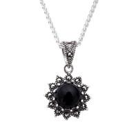 Silver Whitby Jet And Marcasite Round Beaded Point Edge Necklace