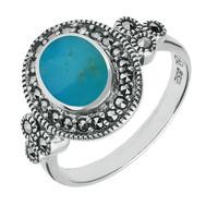 Silver Turquoise And Marcasite Oval Beaded Edge Ring