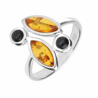 Silver Whitby Jet And Amber 4 Stone Round Marquise Ring