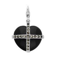 Silver Whitby Jet and Seventeen Marcasite Medium Cross Heart Charm