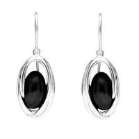 Silver And Whitby Jet Oval Stone Enclosed Drop Earrings