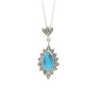 Silver Turquoise Marcasite Beaded Edge Pear Pendant Necklace