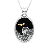 Silver 9ct Yellow Gold And Whitby Jet Oval Moon And Bat Necklace
