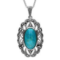 Silver Turquoise And Marcasite Lace Edged Oval Necklace
