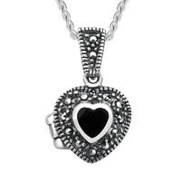 silver whitby jet and marcasite small bead edge heart locket